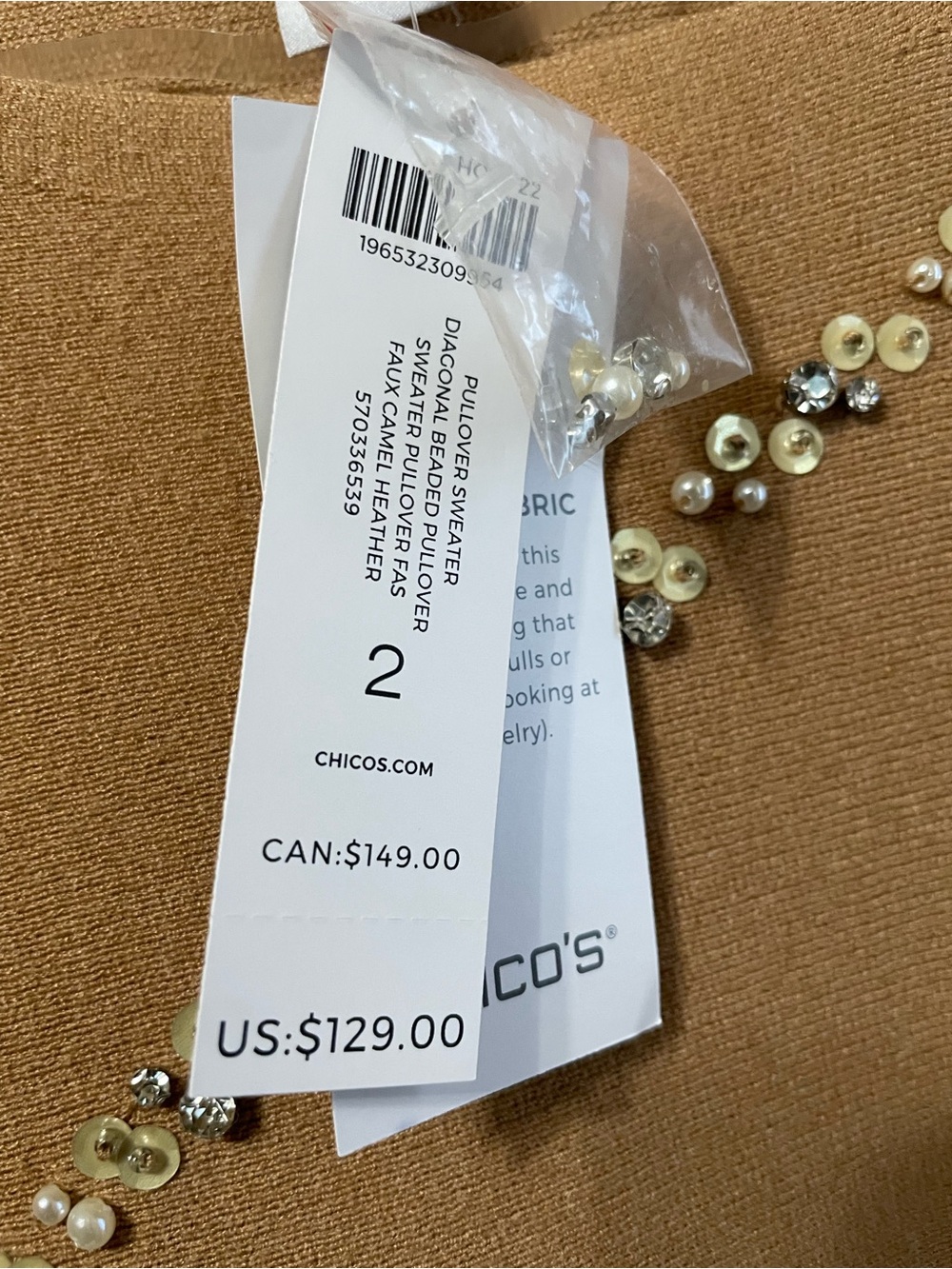 Chico's Beige Diagonal Beaded Embellished Soft Pullover Sweater Top Sz 2/L - Picture 12 of 16